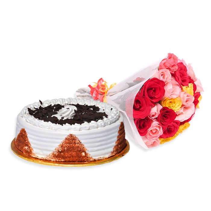 mixed roses and Black Forest cake