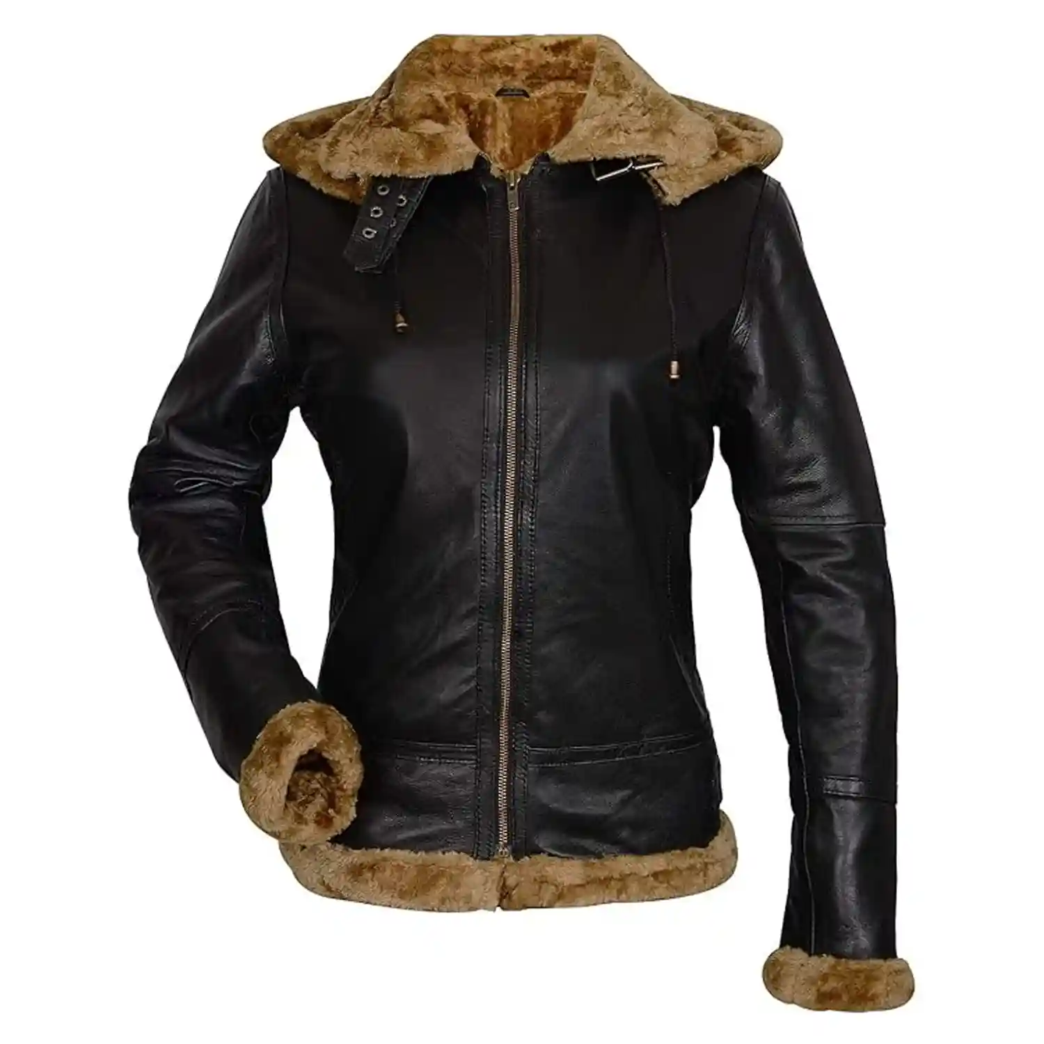Womens Faux Fur Shearling Aviator Pilot Removable Hoodie Genuine Sheepskin Flight Bomber Brown Leather Jacket - Image 1