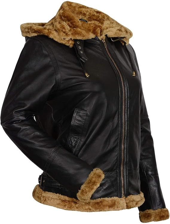 Womens Faux Fur Shearling Aviator Pilot Removable Hoodie Genuine Sheepskin Flight Bomber Brown Leather Jacket - Image 3