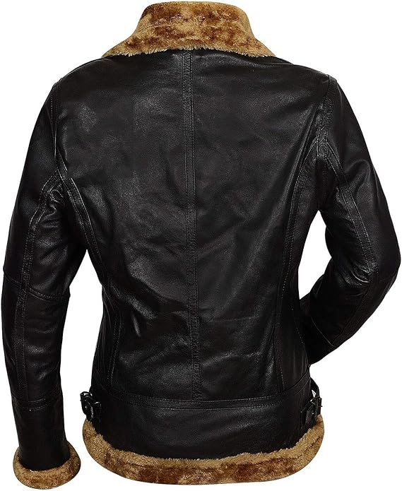 Womens Faux Fur Shearling Aviator Pilot Removable Hoodie Genuine Sheepskin Flight Bomber Brown Leather Jacket - Image 4